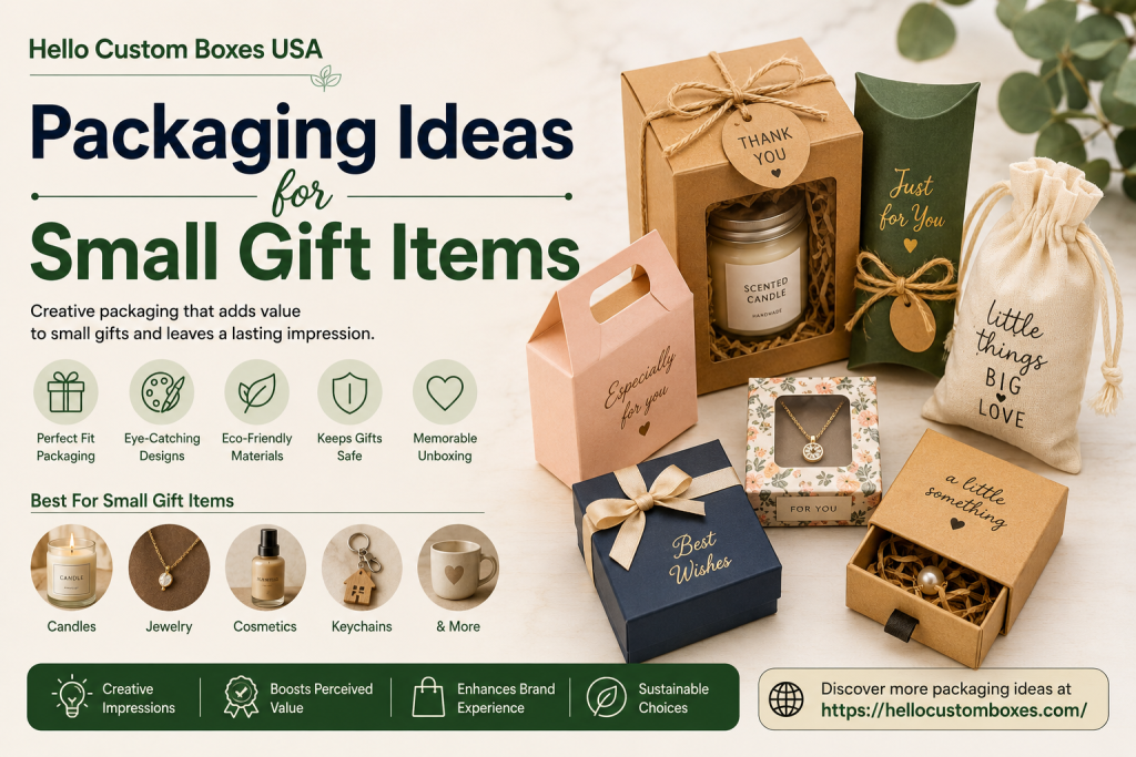 Creative packaging ideas for small gift items featuring custom gift boxes, jewelry packaging, candle boxes, eco-friendly pouches, and premium retail packaging designs by Hello Custom Boxes USA