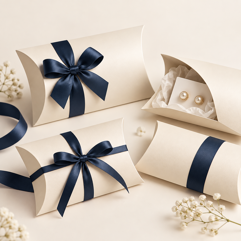 Decorative pillow boxes with ribbon for lightweight gifts and small accessories.