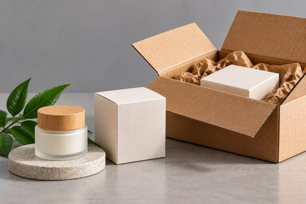 Product box packed inside a corrugated shipping box with protective kraft paper