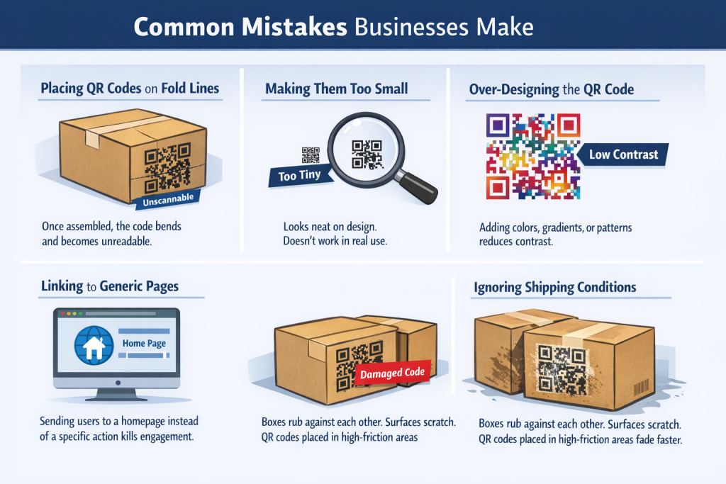 Infographic showing common QR code packaging mistakes such as placing codes on fold lines- using small sizes- low contrast designs- linking to generic pages- and damage from shipping conditions
