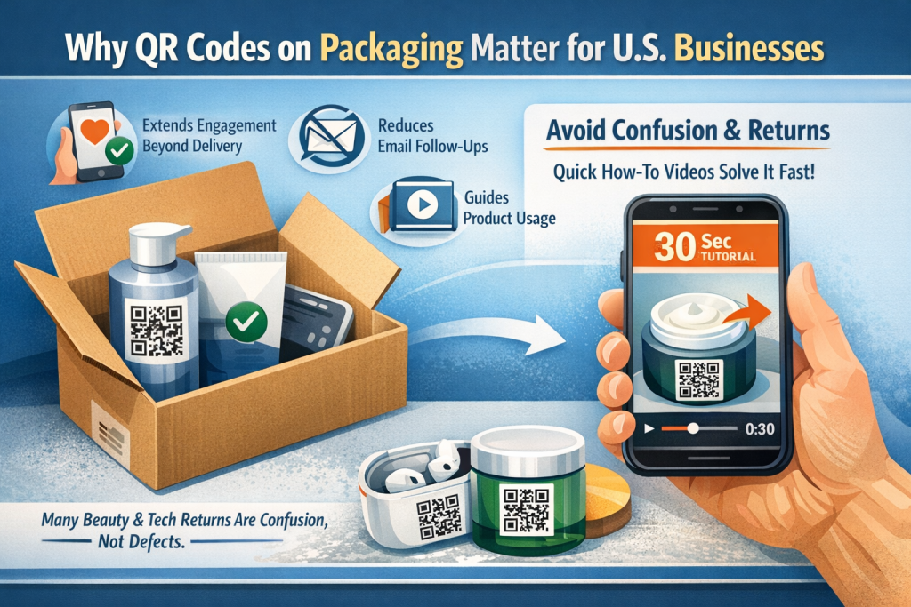 QR code printed on custom packaging box with smartphone scanning for customer engagement and post-purchase experience