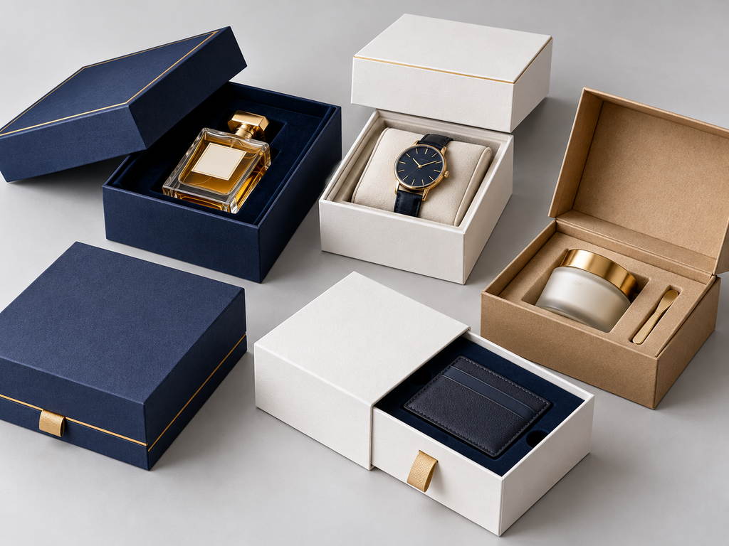 Rigid boxes in premium styles for perfume, watches, skincare, and luxury product packaging.