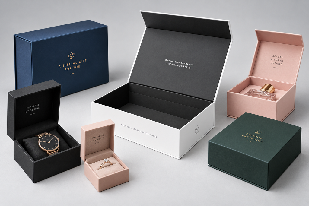 Premium rigid gift boxes designed for jewelry, perfume, and other small gifts.