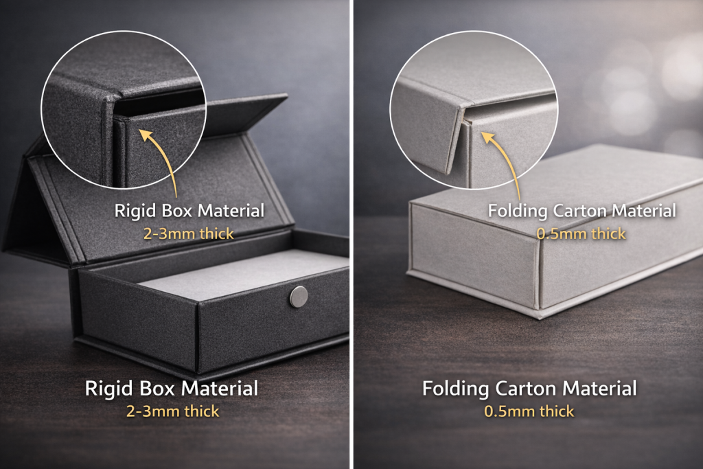 Comparison of rigid box material and folding carton material thickness used in magnetic closure packaging boxes.