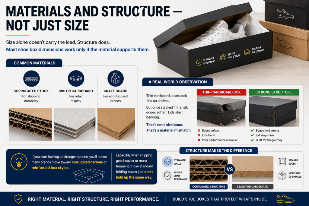 Infographic showing shoe box materials and structure comparison including corrugated- cardboard- and kraft board- highlighting durability- stacking strength- and shipping performance