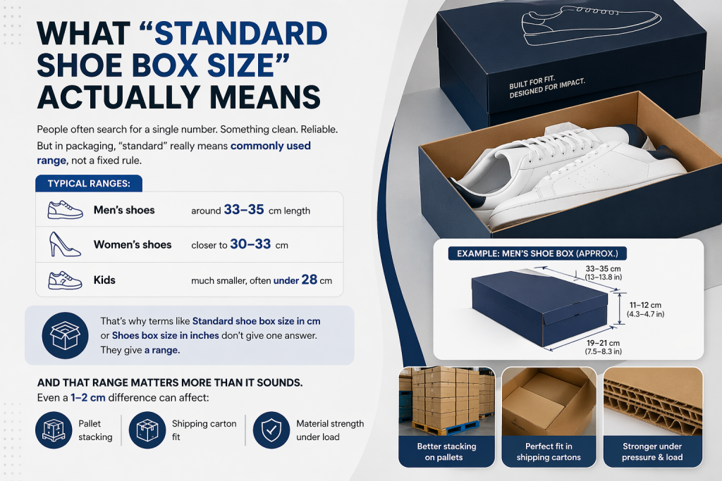 Infographic showing benefits of custom shoe box dimensions including tighter fit- reduced movement- lower shipping volume- and improved product protection compared to standard boxes