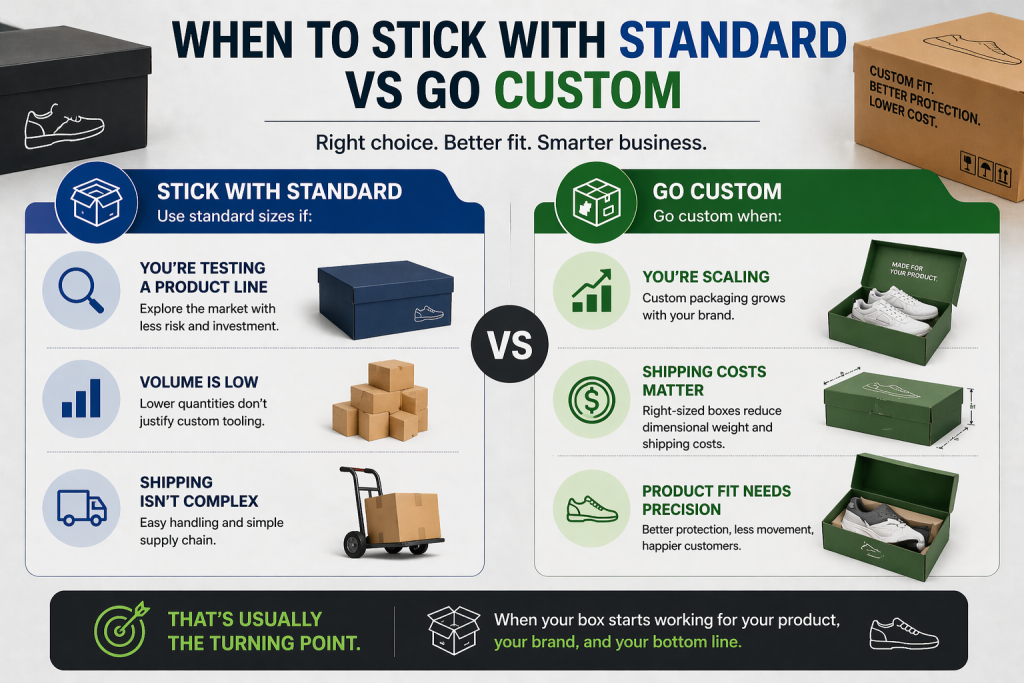 Infographic comparing when to use standard shoe box sizes vs custom shoe boxes- highlighting factors like low volume- scaling- shipping costs- and product fit