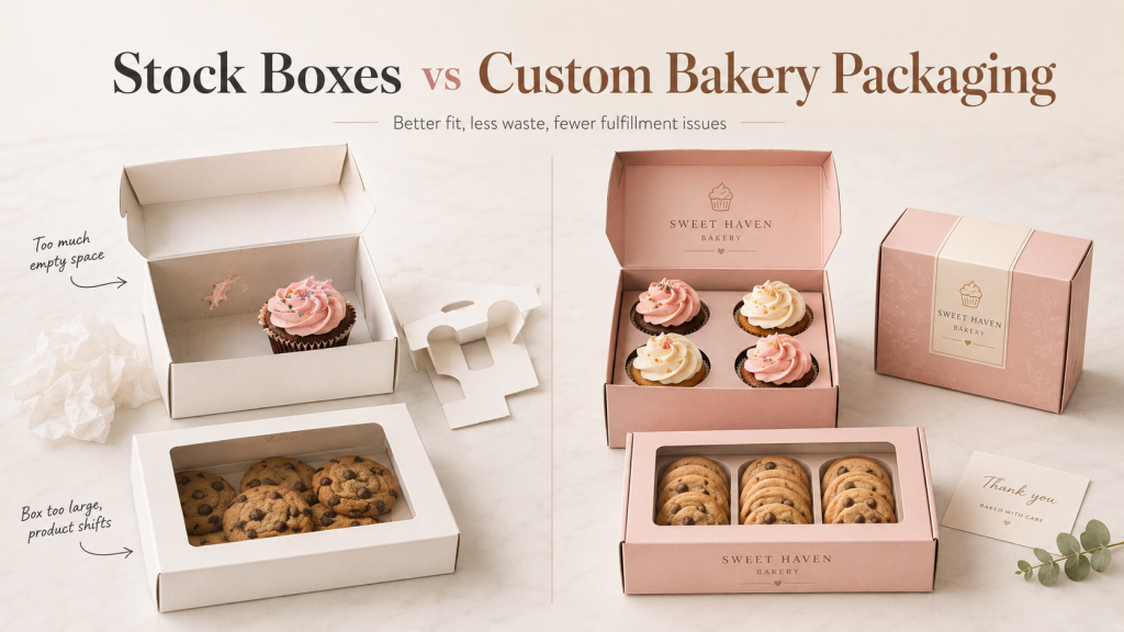 Bakery boxes showing common packaging problems, including peeling window film, condensation, cracked folds, weak stacking, and excess empty space around baked goods