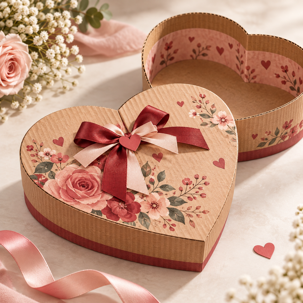 Heart-shaped cardboard gift boxes with floral printing and ribbons for weddings, anniversaries, and special occasions.