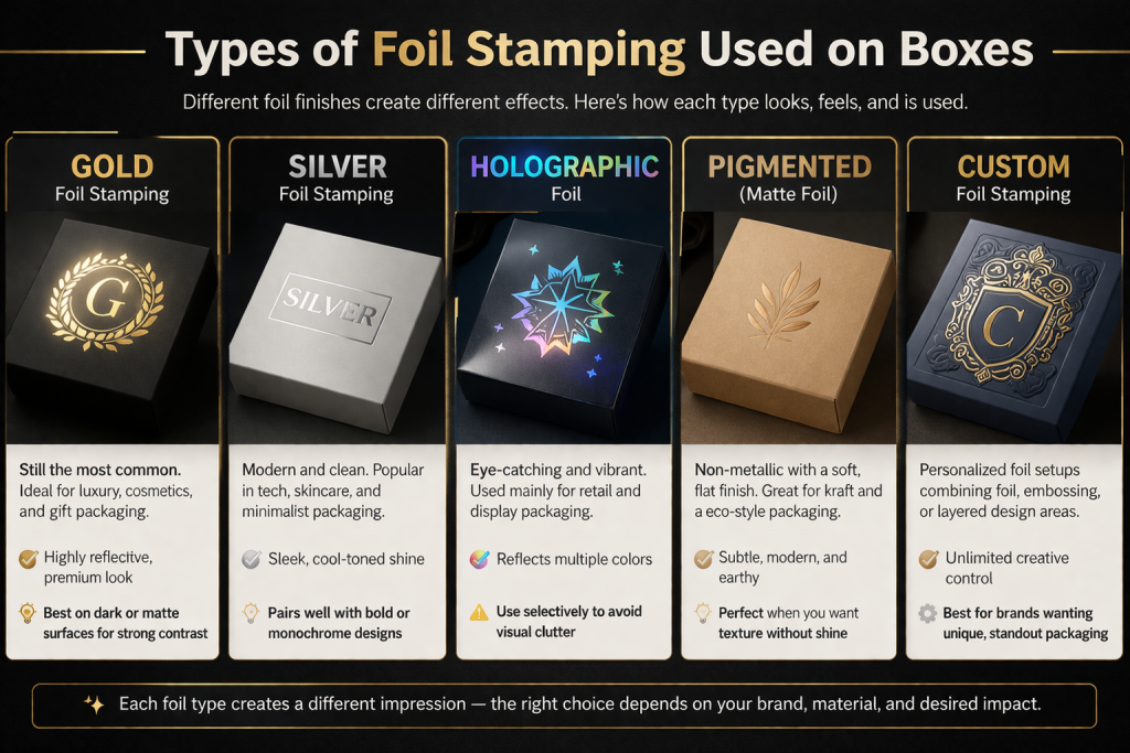 Infographic showing different types of foil stamping used on packaging boxes, including gold foil, silver foil, holographic foil, matte pigmented foil, and custom foil stamping for luxury branded packaging designs.