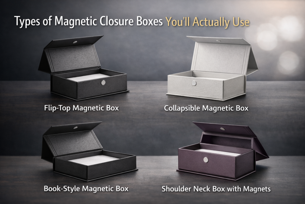 Different types of magnetic closure boxes including flip-top, collapsible, book-style, and shoulder neck magnetic boxes.