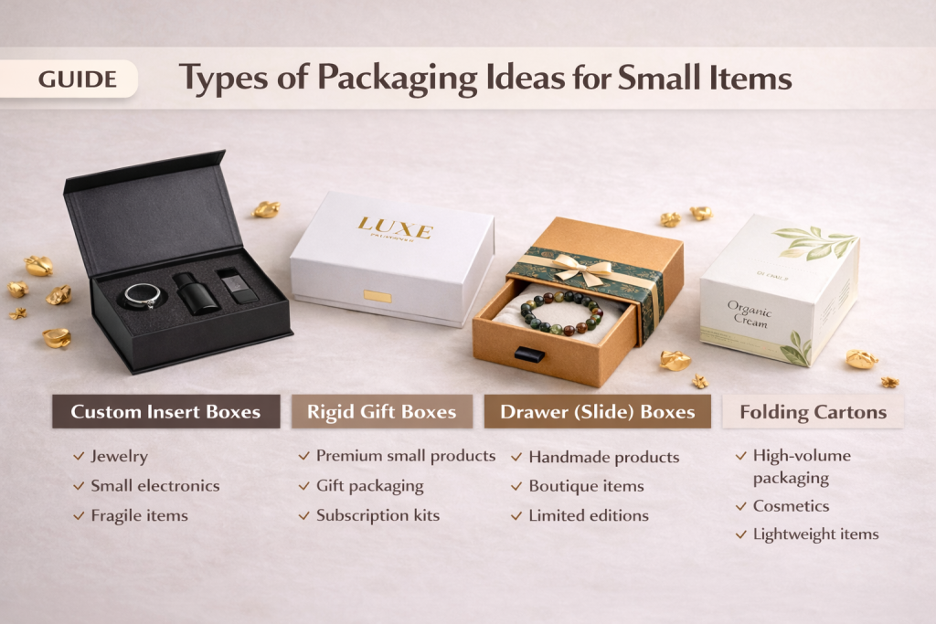 Types of packaging ideas for small items showing custom insert boxes- rigid gift boxes- drawer boxes- and folding cartons