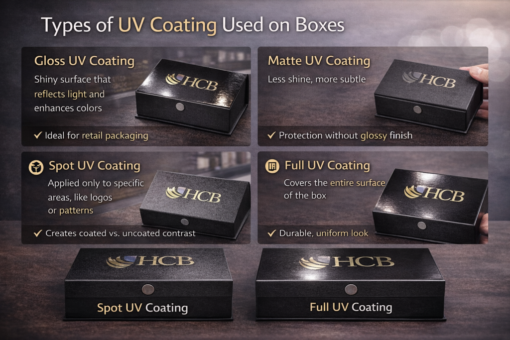 Types of UV coating on packaging boxes including gloss, matte, spot UV, and full UV finishes.