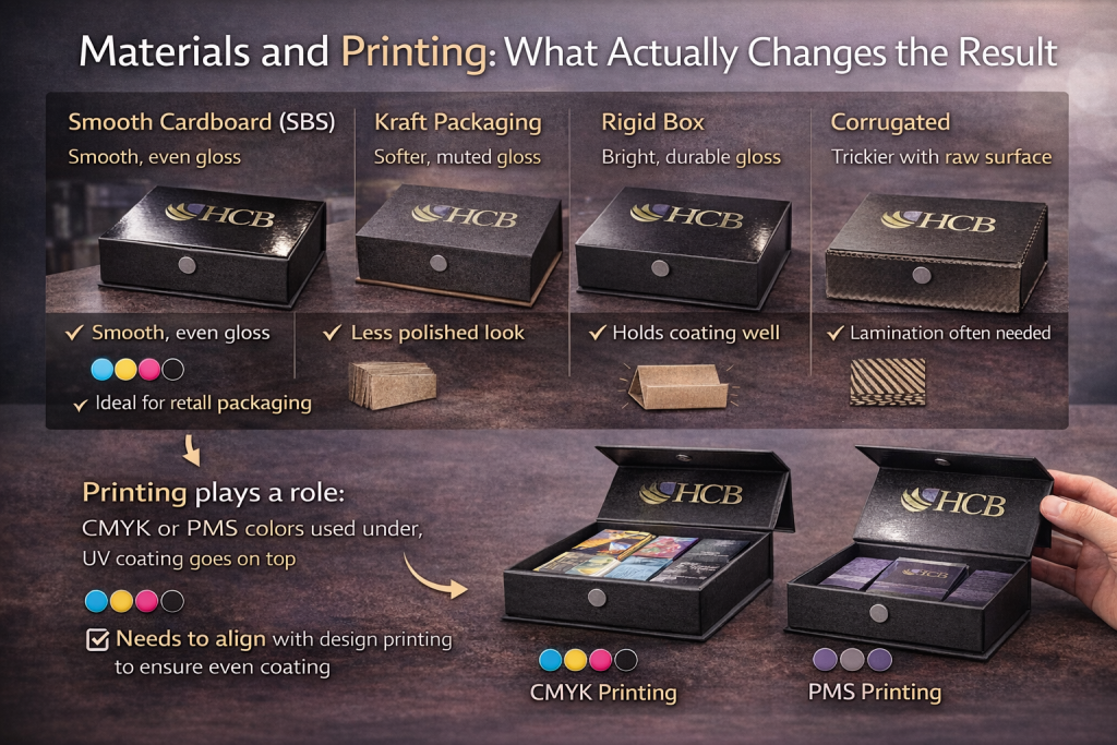 Comparison of UV coating results on cardboard, kraft, rigid, and corrugated packaging boxes with CMYK and PMS printing examples.