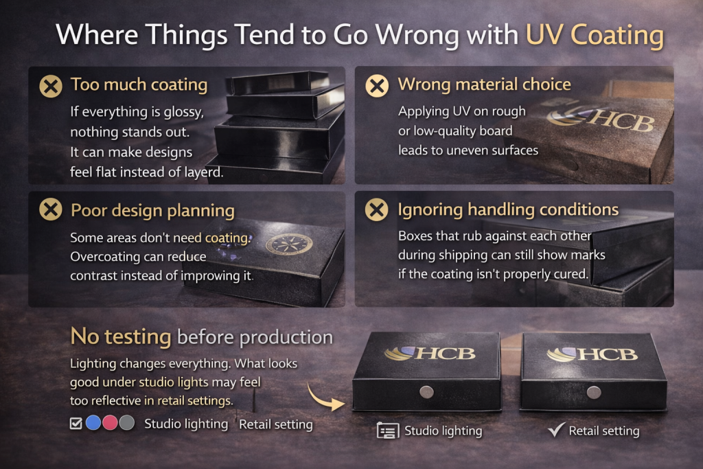Common UV coating mistakes on packaging boxes including overcoating, poor material choice, design issues, and shipping damage risks