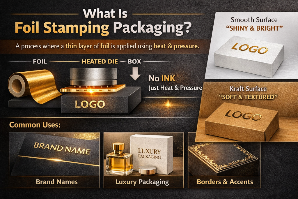 Educational infographic explaining foil stamping packaging process using heat and pressure to apply metallic foil on packaging boxes, featuring gold foil branding, luxury packaging, kraft packaging, and decorative foil accents.