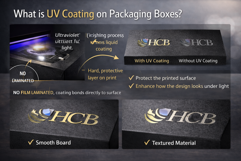 Infographic showing why UV coating on packaging boxes matters for U.S. businesses, featuring retail and eCommerce benefits such as reduced fingerprints, glossy surfaces, scuff protection, and improved durability, with comparison images of UV coated and non-coated black packaging boxes branded HCB.