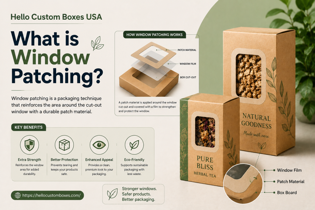 Educational packaging illustration explaining window patching in custom cardboard boxes, showing window film application, patch material layers, and retail packaging visibility features by Hello Custom Boxes USA