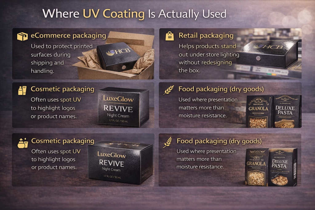 Examples of UV coating used on eCommerce, retail, cosmetic, and food packaging boxes.”
