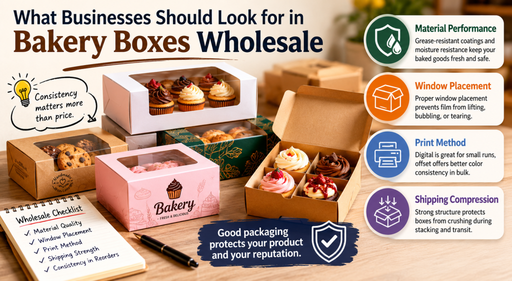 Infographic showing key factors for choosing bakery boxes wholesale, including material performance, window placement, print method, shipping compression, and repeat order consistency.