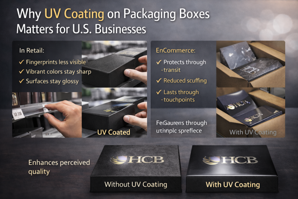 UV coating on packaging boxes infographic showing glossy, durable retail and eCommerce packaging benefits.
