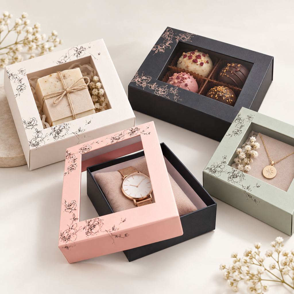 Window gift boxes displaying jewelry, chocolates, soap, and small products.