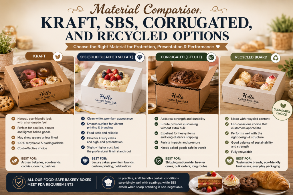 Comparison of kraft, SBS, corrugated, and recycled bakery box materials featuring custom packaging for cakes, cookies, cupcakes, and pastries, highlighting differences in durability, print quality, sustainability, and food-safe performance for bakery packaging.