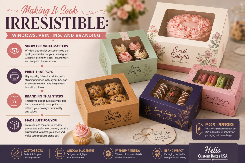 Custom bakery boxes with window cut-outs, premium printing, and branded designs displaying cakes, cupcakes, cookies, and macarons, showcasing how window packaging and high-quality printing enhance product presentation and brand recognition.