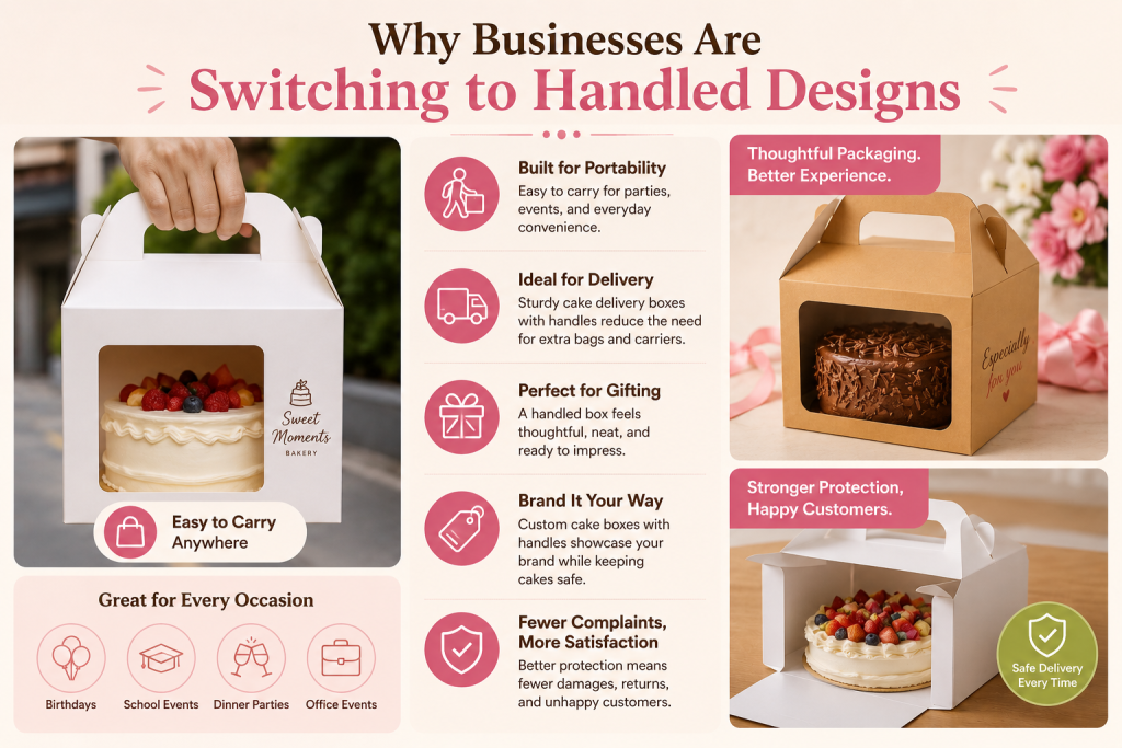Custom cake boxes with handles showcasing portability, delivery convenience, gifting appeal, brand presentation, and cake protection for bakeries and retailers.