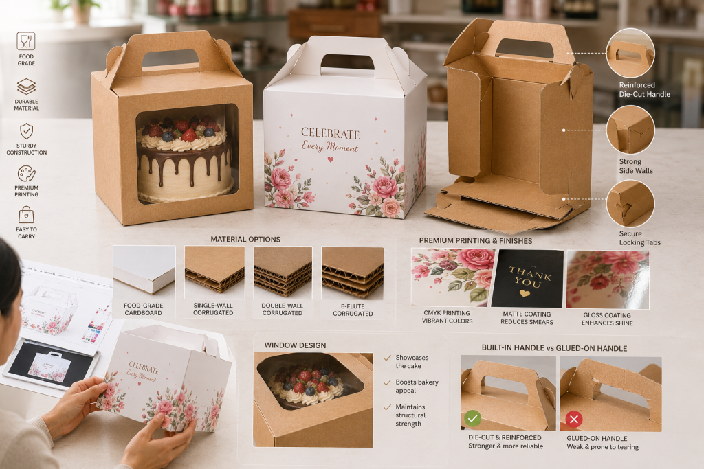 Comparison of cake box materials, reinforced handle construction, corrugated board options, premium printing finishes, and window cake box designs for bakery packaging.