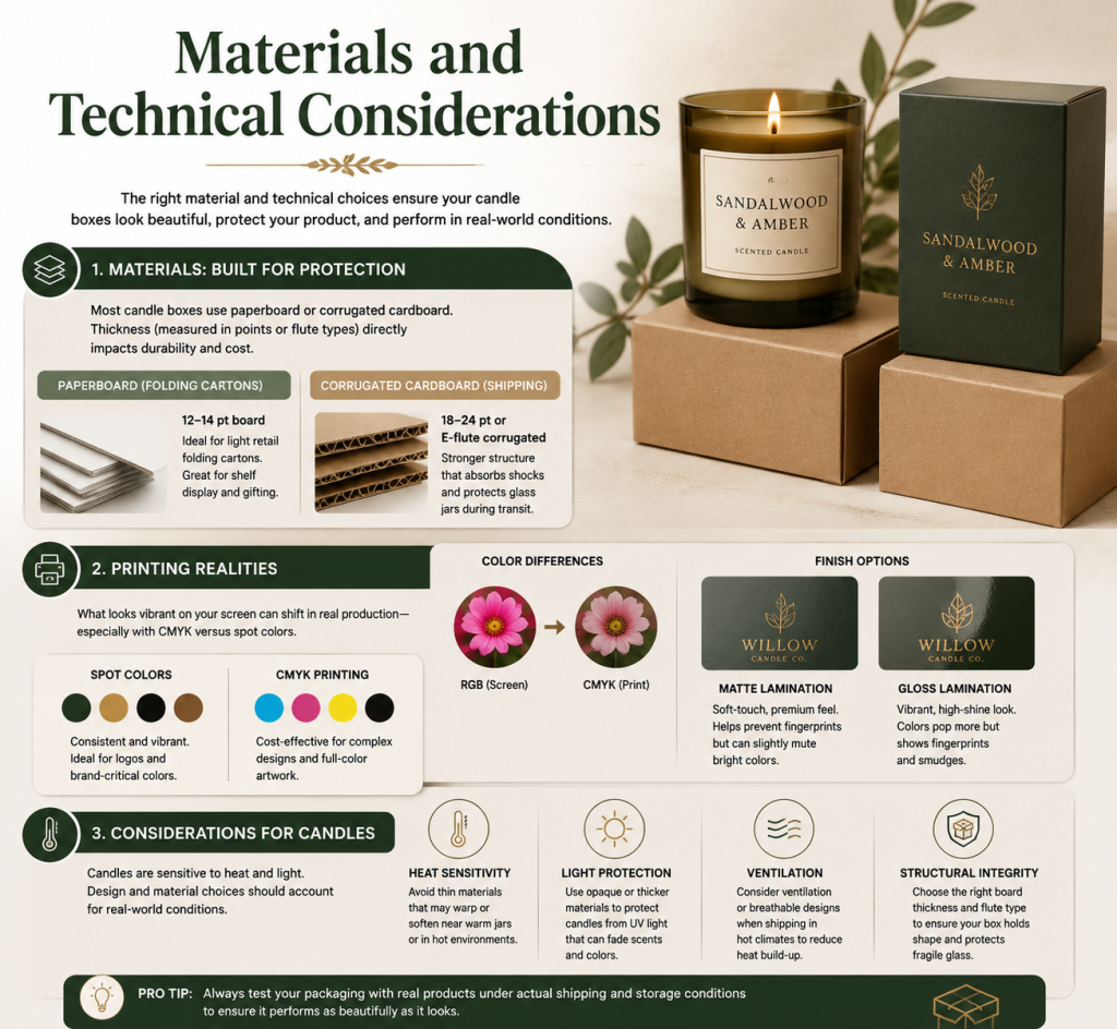 Infographic illustrating materials and technical considerations for candle packaging. Highlights key points on paperboard and corrugated cardboard thickness for durability, printing realities including CMYK vs spot colors, matte and gloss lamination finishes, and candle-specific factors like heat sensitivity, light protection, ventilation, and structural integrity, with visual examples of candle boxes and icons to guide U.S. businesses in choosing protective, functional, and aesthetically appealing packaging.