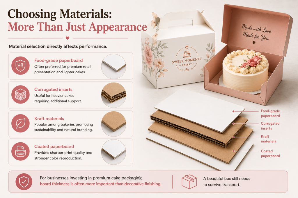 Branded cake boxes with custom printing, logos, QR codes, and personalized packaging for bakery brand recognition.