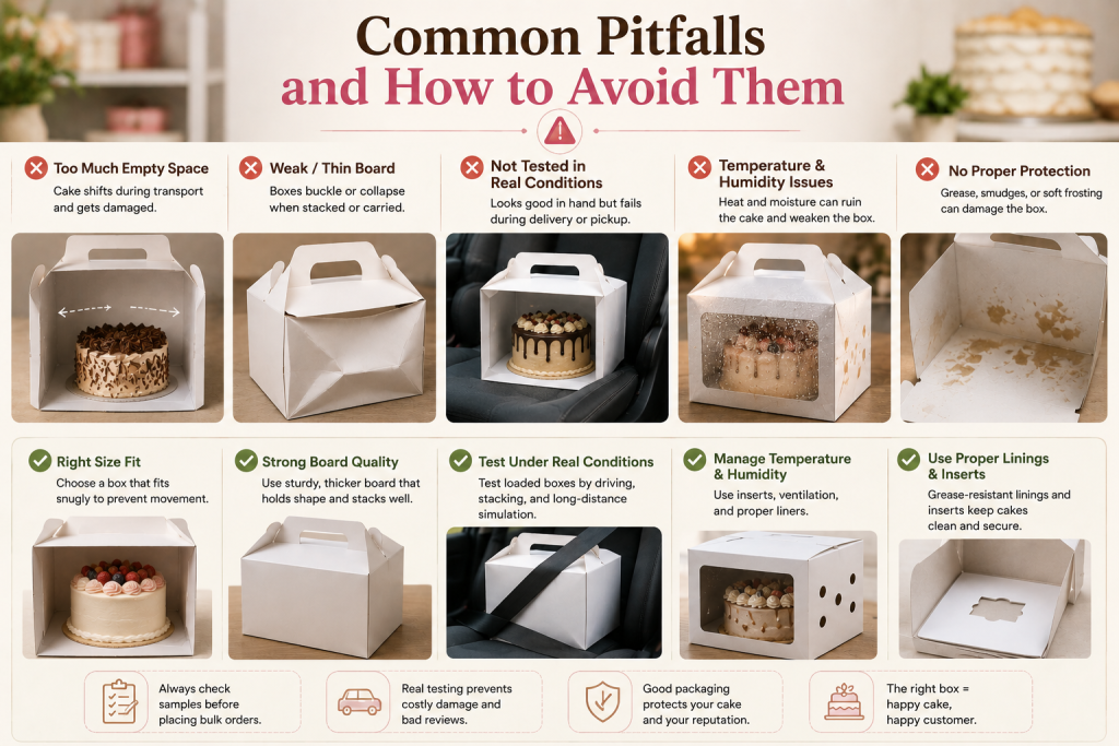 Infographic showing common cake packaging mistakes and solutions, including proper box sizing, stronger board materials, temperature control, secure inserts, and real-world delivery testing.