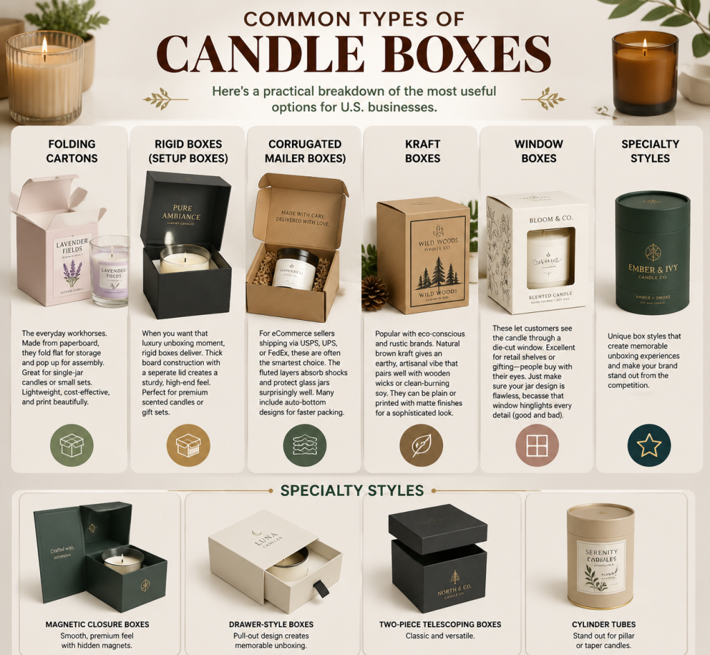 Infographic showcasing common types of  candle boxes for U.S. businesses: folding cartons for lightweight, cost-effective single or small-set candles; rigid boxes (setup boxes) for luxury unboxing and strong protection; corrugated mailer boxes ideal for eCommerce shipping; kraft boxes for eco-conscious, rustic branding; window boxes highlighting the candle through a die-cut panel; plus specialty styles including magnetic closure boxes, drawer-style boxes, two-piece telescoping boxes, and cylinder tubes, each with descriptive icons and text on a warm neutral background.