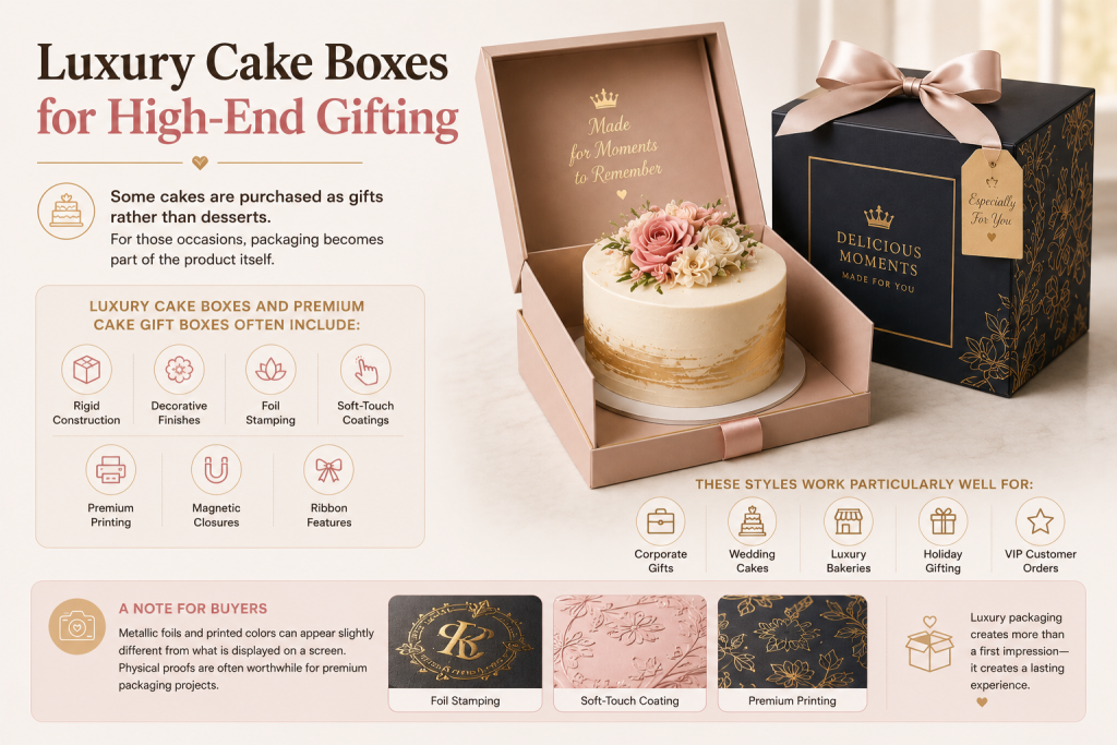 Luxury cake boxes with premium finishes, magnetic closures, foil stamping, and ribbon details for gifting and special occasions.