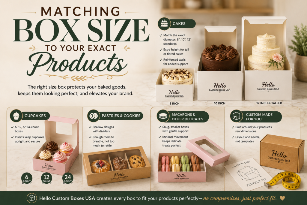 Custom bakery boxes in different sizes designed for cakes, cupcakes, pastries, cookies, and macarons, showing how properly sized packaging protects baked goods, prevents damage, and provides a perfect fit for every product.