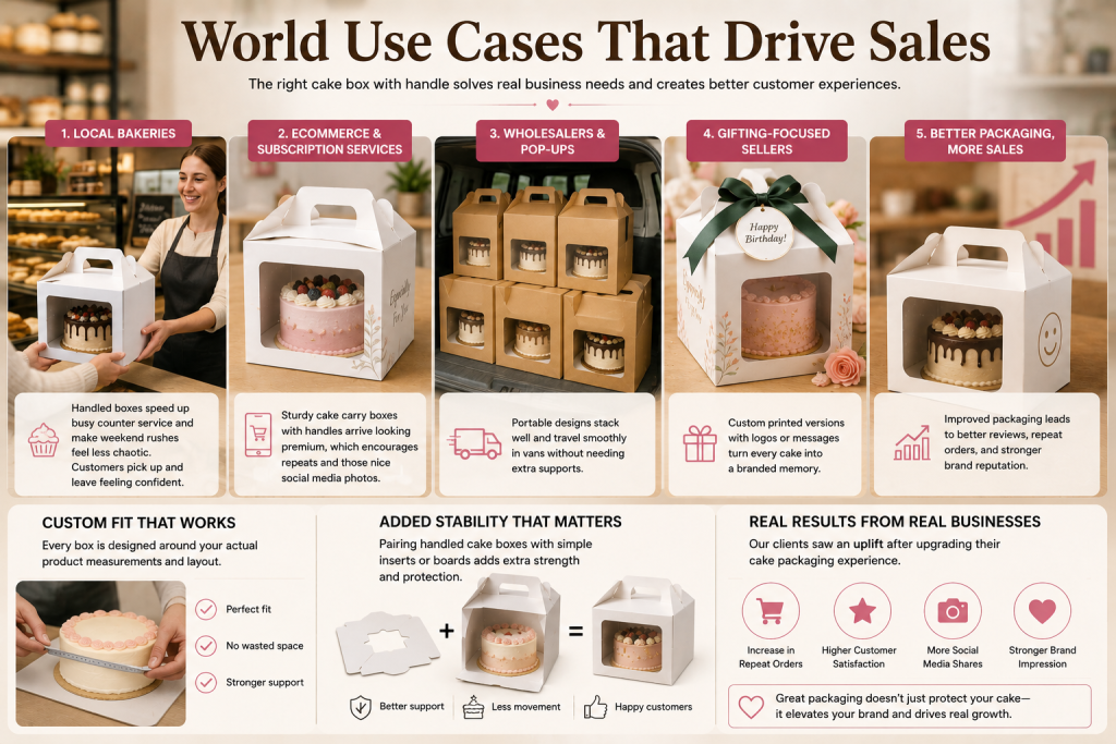 Handled cake boxes used by bakeries, eCommerce brands, wholesalers, pop-up shops, and gifting businesses to improve delivery, presentation, customer experience, and repeat sales.