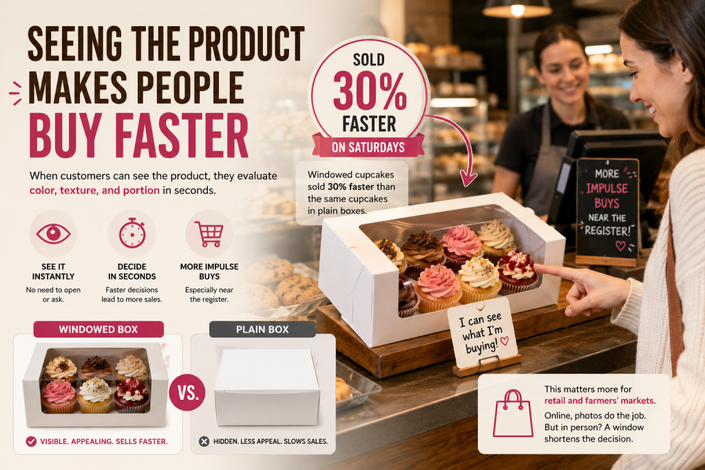 Customer choosing cupcakes from a window bakery box at a bakery counter demonstrating product visibility and impulse purchasing