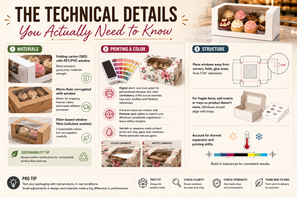Infographic showing bakery box materials, printing methods, window placement guidelines and structural packaging considerations