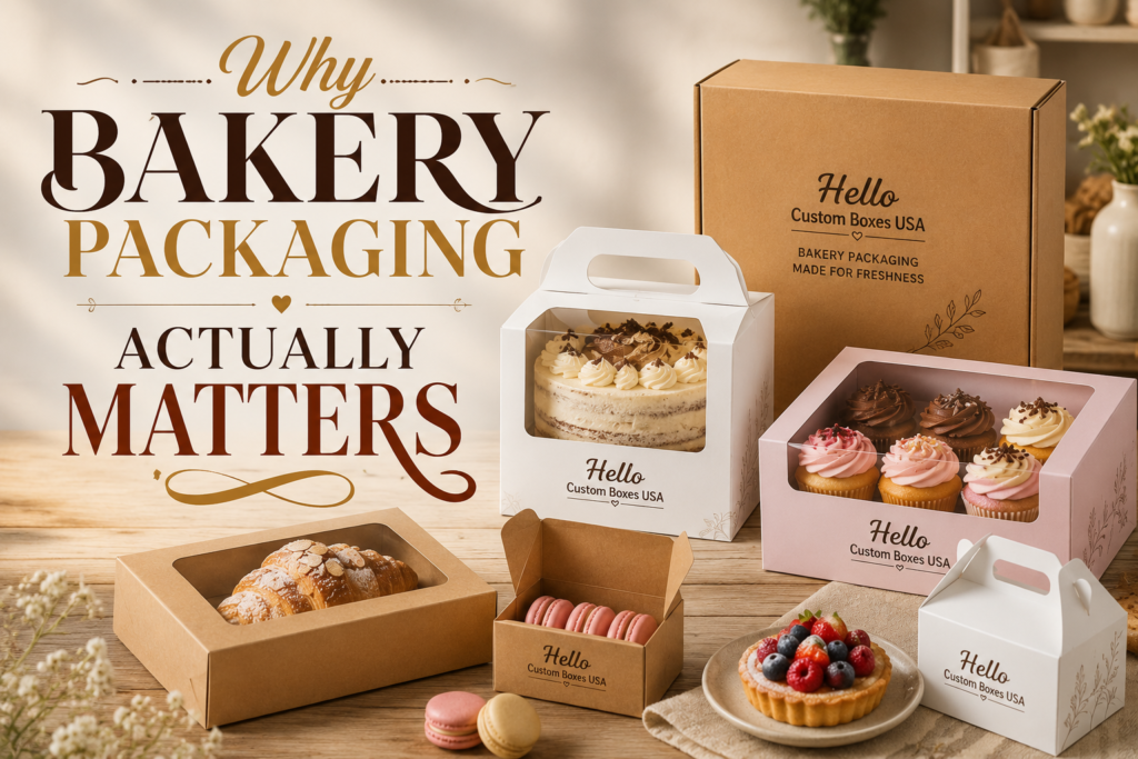 Premium custom bakery packaging display featuring kraft, window, and gable bakery boxes with cakes, cupcakes, pastries, and macarons, illustrating why quality bakery packaging matters for freshness, presentation, and branding.