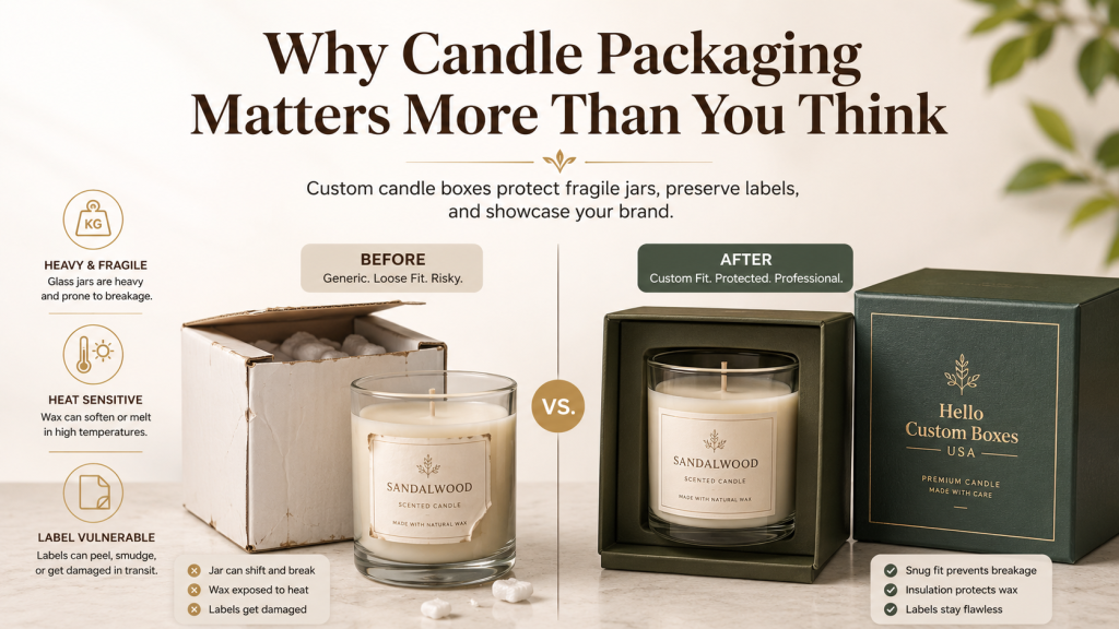 Before-and-after comparison of candle packaging: left shows a generic, ill-fitting cardboard box with a glass candle prone to shifting, heat exposure, and label damage; right shows a premium custom-fit Hello Custom Boxes USA packaging with snug fit, protective insert, and elegant branding, highlighting how proper candle packaging prevents breakage and preserves labels.