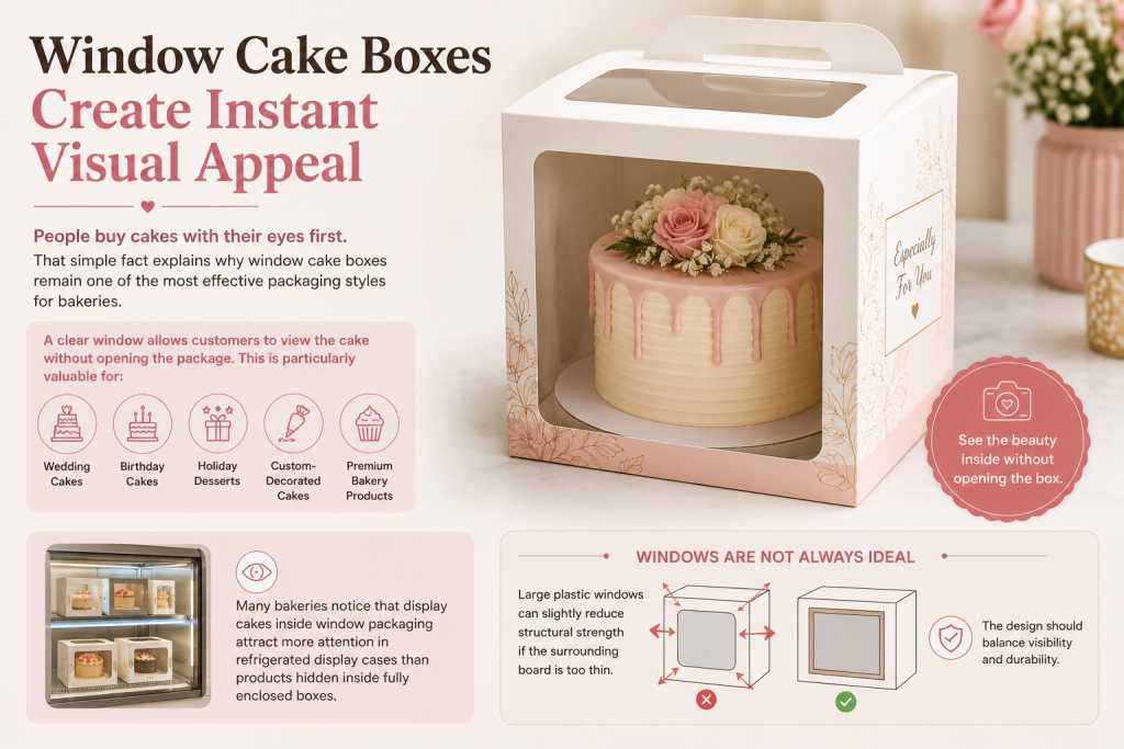 Window cake box displaying a decorated cake through a clear viewing panel, illustrating how window cake packaging enhances product visibility for birthday cakes, wedding cakes, holiday desserts, custom-decorated cakes, and premium bakery products while balancing presentation with structural durability.