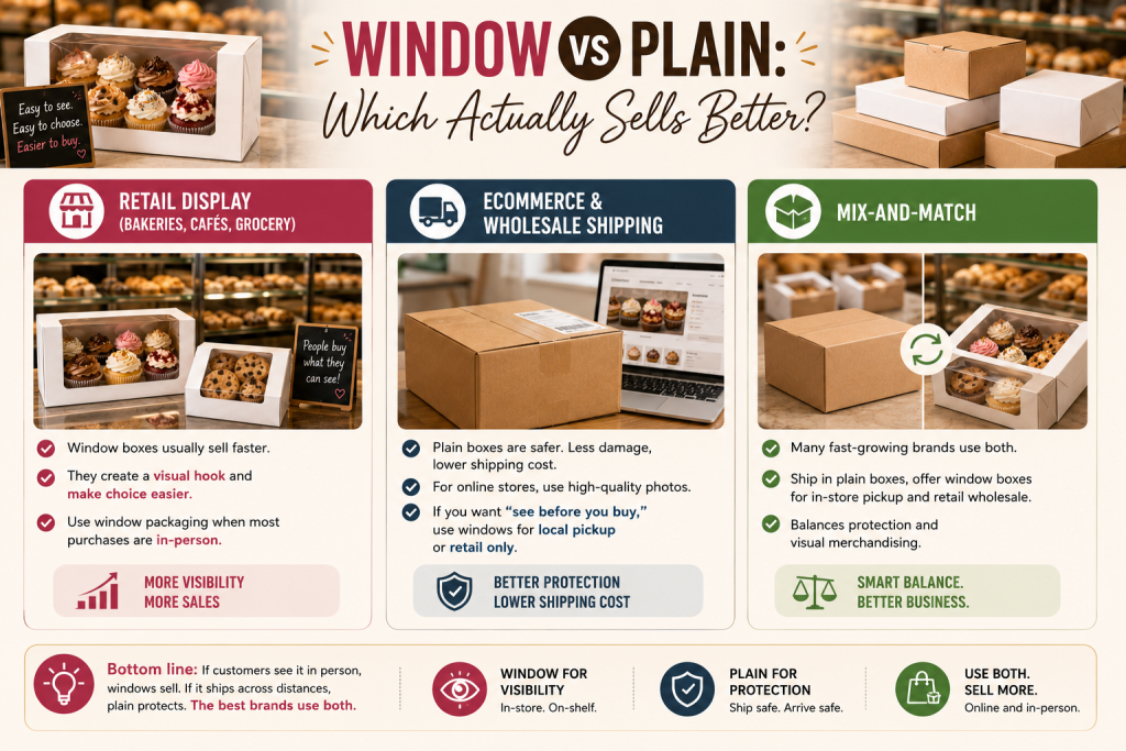 Comparison of window bakery boxes and plain bakery boxes for retail merchandising, ecommerce shipping and wholesale packaging applications