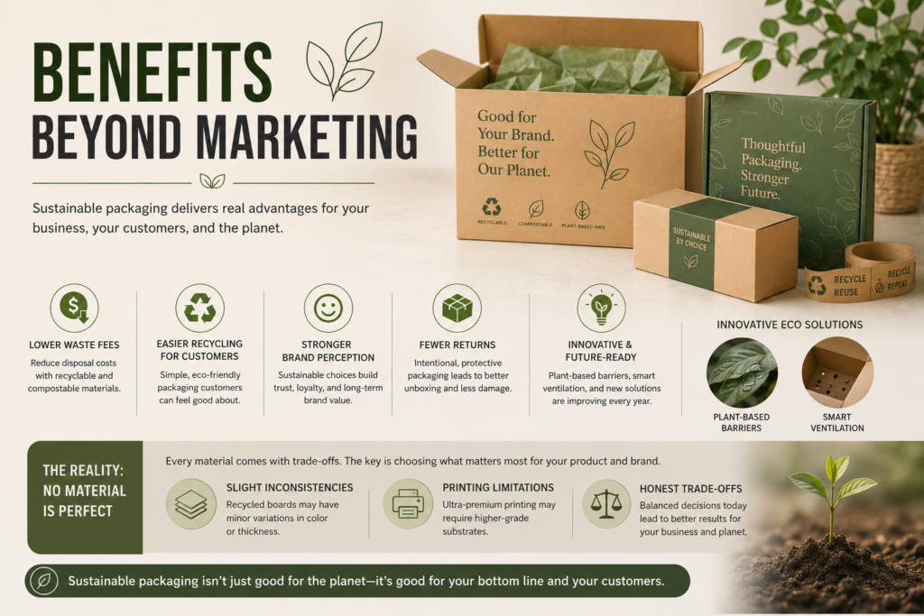 Eco-friendly packaging boxes highlighting lower waste costs, easier recycling, stronger brand perception, fewer returns, and innovative sustainable packaging solutions.
