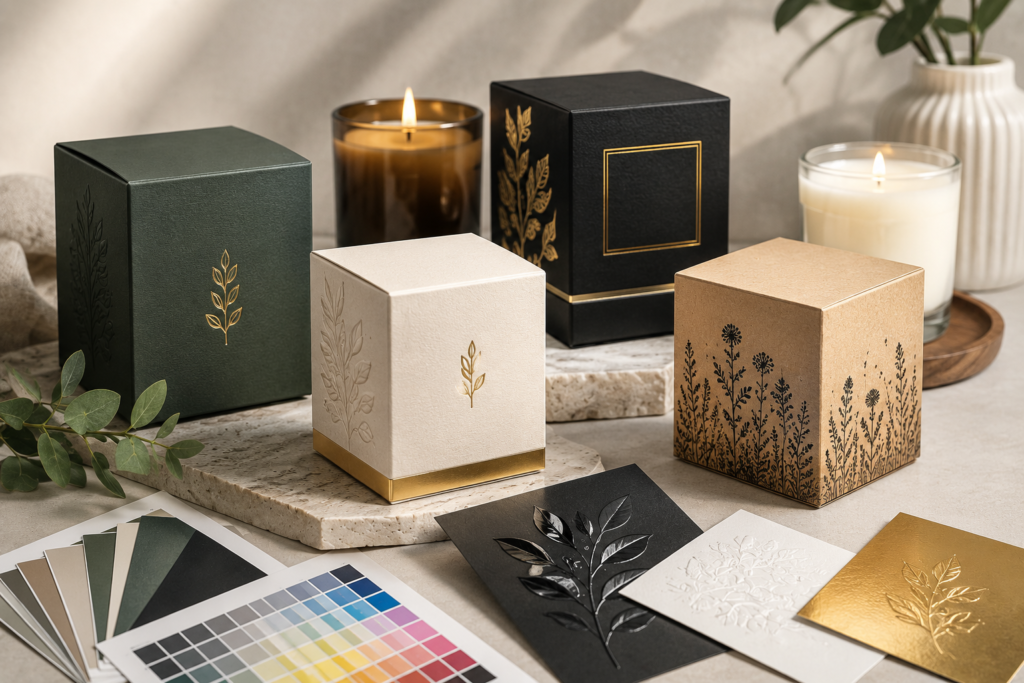 Premium custom candle boxes showcasing different printing techniques, finishes, and packaging styles, including foil stamping, embossing, matte coatings, and luxury candle box designs.