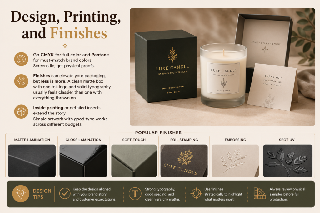 Custom candle packaging showing CMYK and Pantone printing with matte, gloss, soft-touch, foil stamping, embossing, and spot UV finishes.