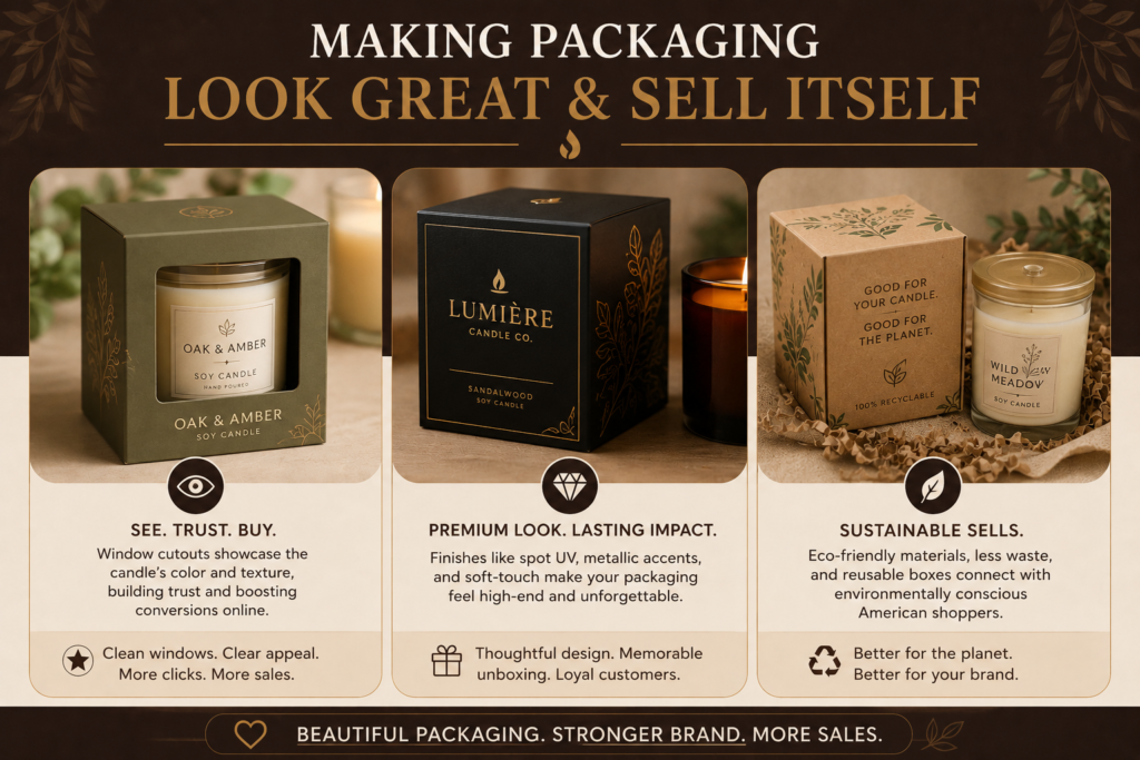 Premium candle packaging with window cutouts, branded luxury finishes, and recyclable kraft boxes designed to attract customers and increase sales.