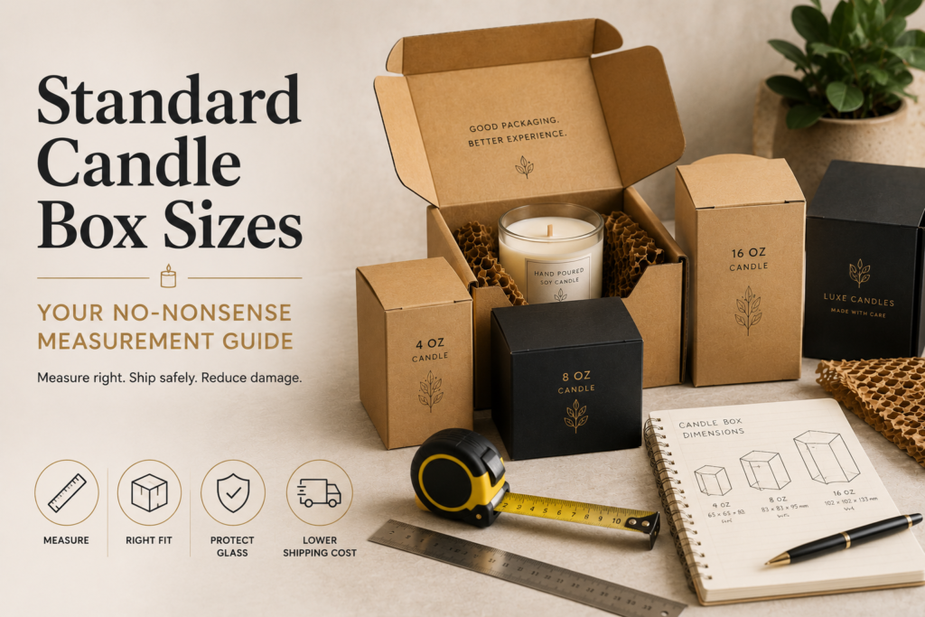 Person using a desktop computer to follow the step-by-step online process for ordering custom candle boxes, including measuring jars, selecting materials, requesting a dieline, approving proofs, and preparing for production.