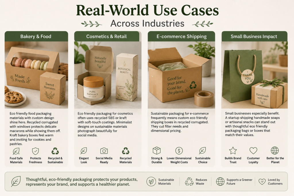 Eco-friendly packaging examples for bakery products, cosmetics, e-commerce shipping, and small businesses using recyclable boxes and sustainable materials.