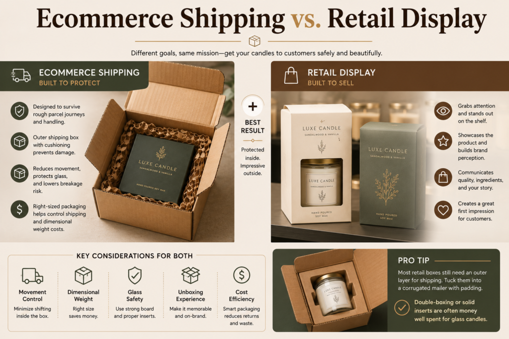 Comparison of ecommerce candle shipping boxes and retail display packaging, showing inserts, outer mailers, glass protection, branding, and cost control.